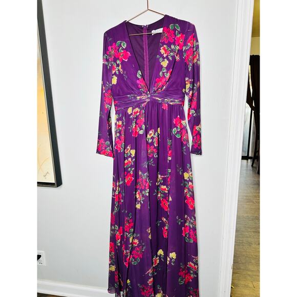 MAC DUGGAL Purple Floral Georgette Plunging Neckline High Slit Gown Size 8 - Picture 15 of 16